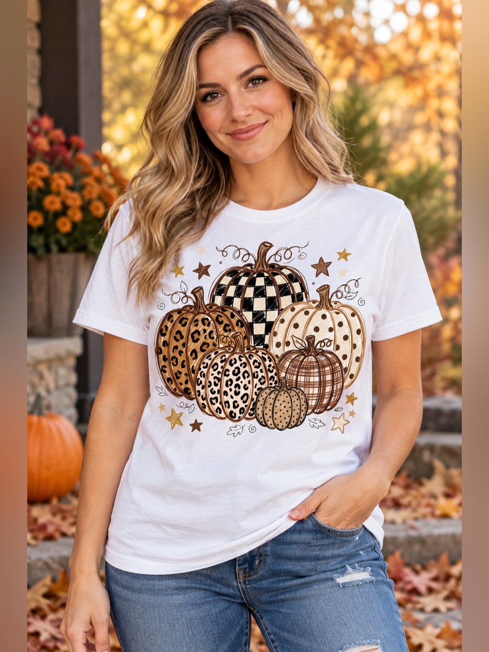 White NWt Pumpkin Graphic Tee with Neutral Prints - Size Large